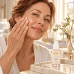 Exosome & Niacinamide Serum in a clear pump bottle, shown beside a woman with hydrated, radiant-looking skin