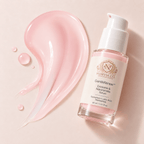 Exosome & Niacinamide Serum in a clear glass pump bottle with a pink gel texture and white dispenser.