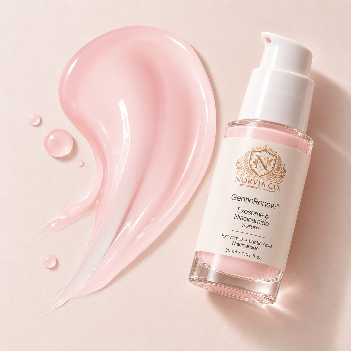 Exosome & Niacinamide Serum in a clear glass pump bottle with a pink gel texture and white dispenser.