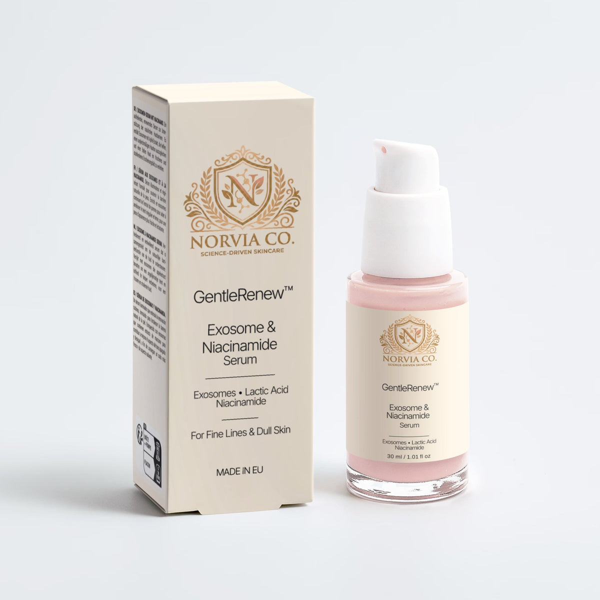 Norvina Co. skincare serum bottle and box on a light gray background
