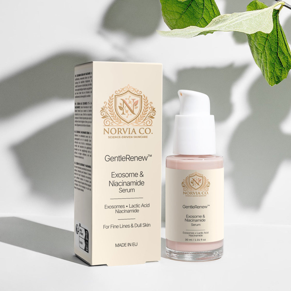 Norvina Co. skincare product with packaging on a light background