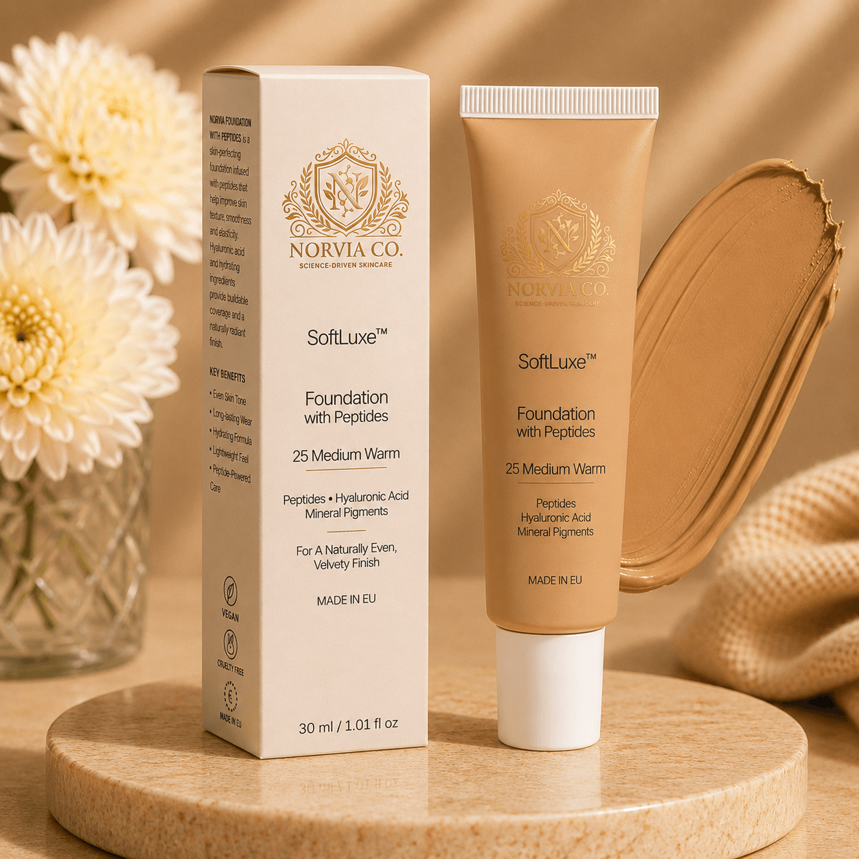 SoftLuxe Foundation with Peptides bottle and applicator for smooth, natural-looking complexion