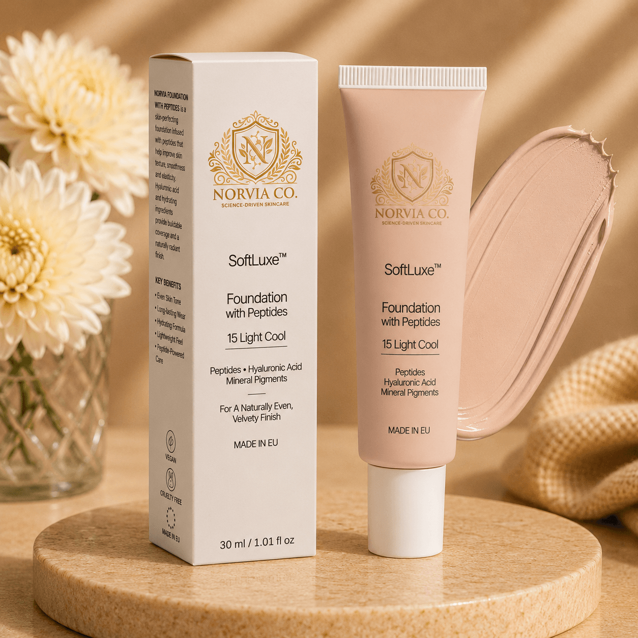 SoftLuxe™ Foundation with Peptides providing lightweight, buildable coverage with a natural, semi-matte finish