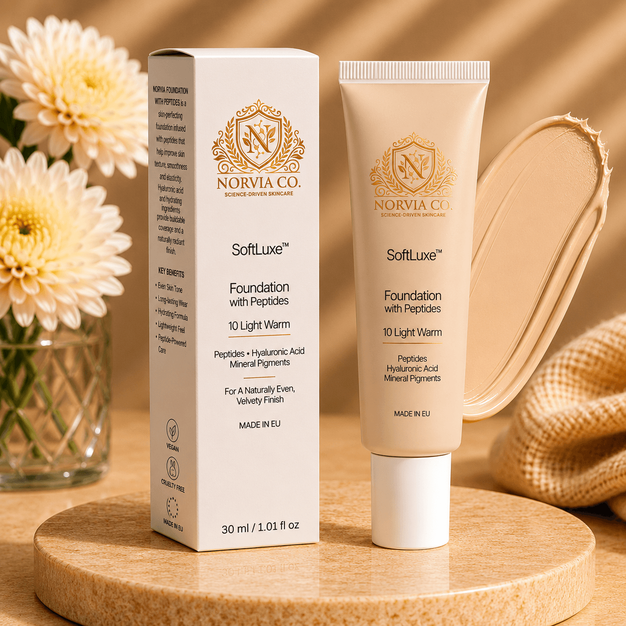 SoftLuxe foundation with peptides in various shades for lightweight, buildable coverage and natural finish