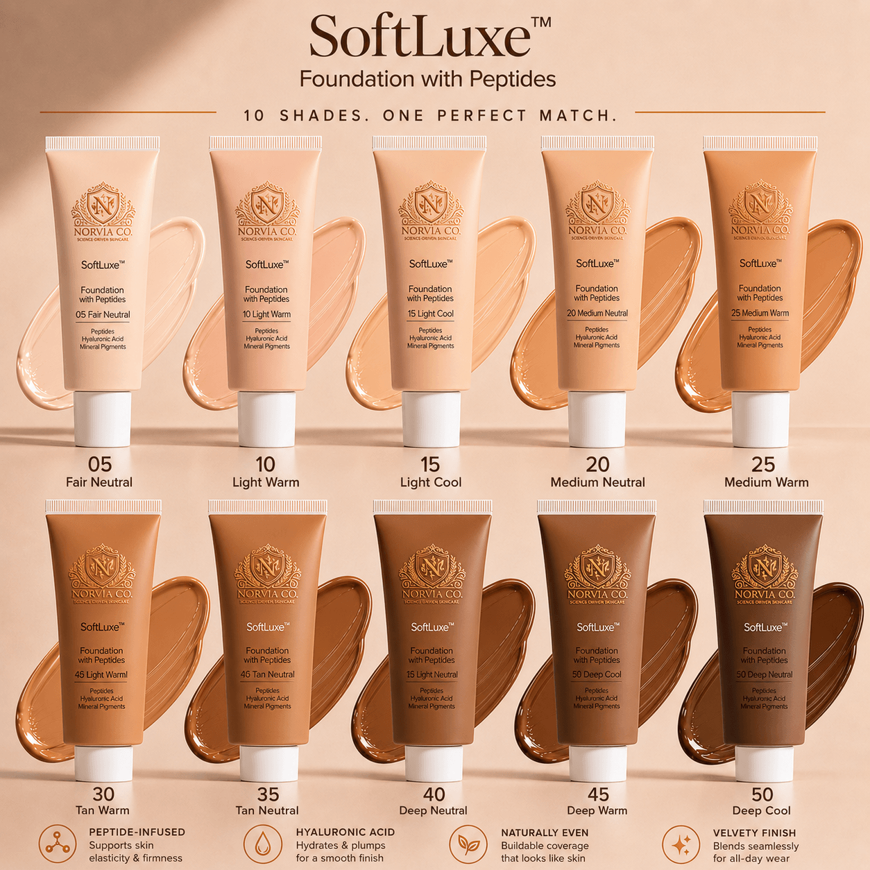 SoftLuxe™ Foundation with Peptides offering lightweight, buildable coverage and a natural, semi-matte finish