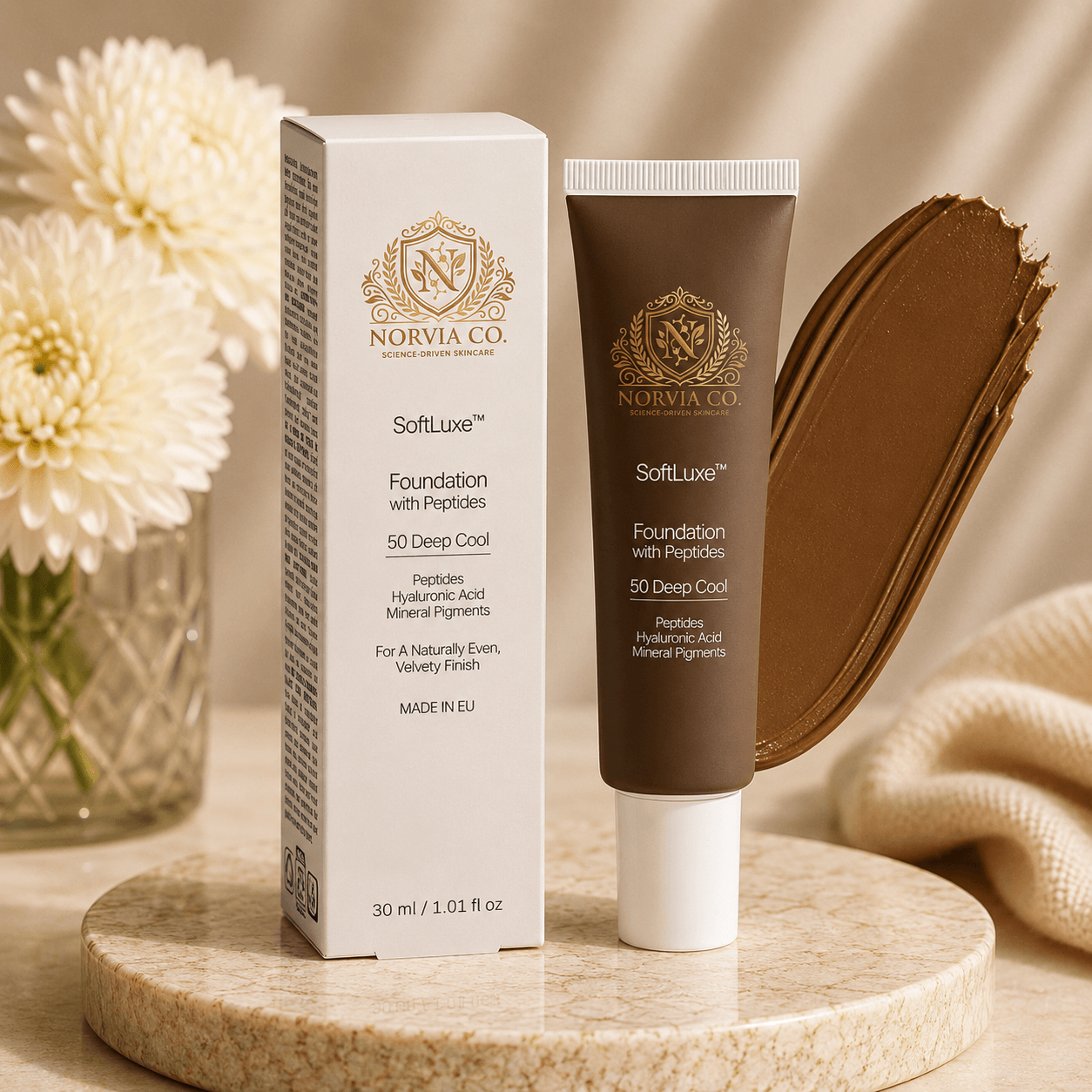 SoftLuxe Foundation with Peptides bottle showcasing lightweight, buildable coverage and natural finish