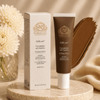 SoftLuxe™ Foundation with Peptides bottle and applicator showcasing lightweight, buildable peptide-infused makeup for smooth, natural skin finish