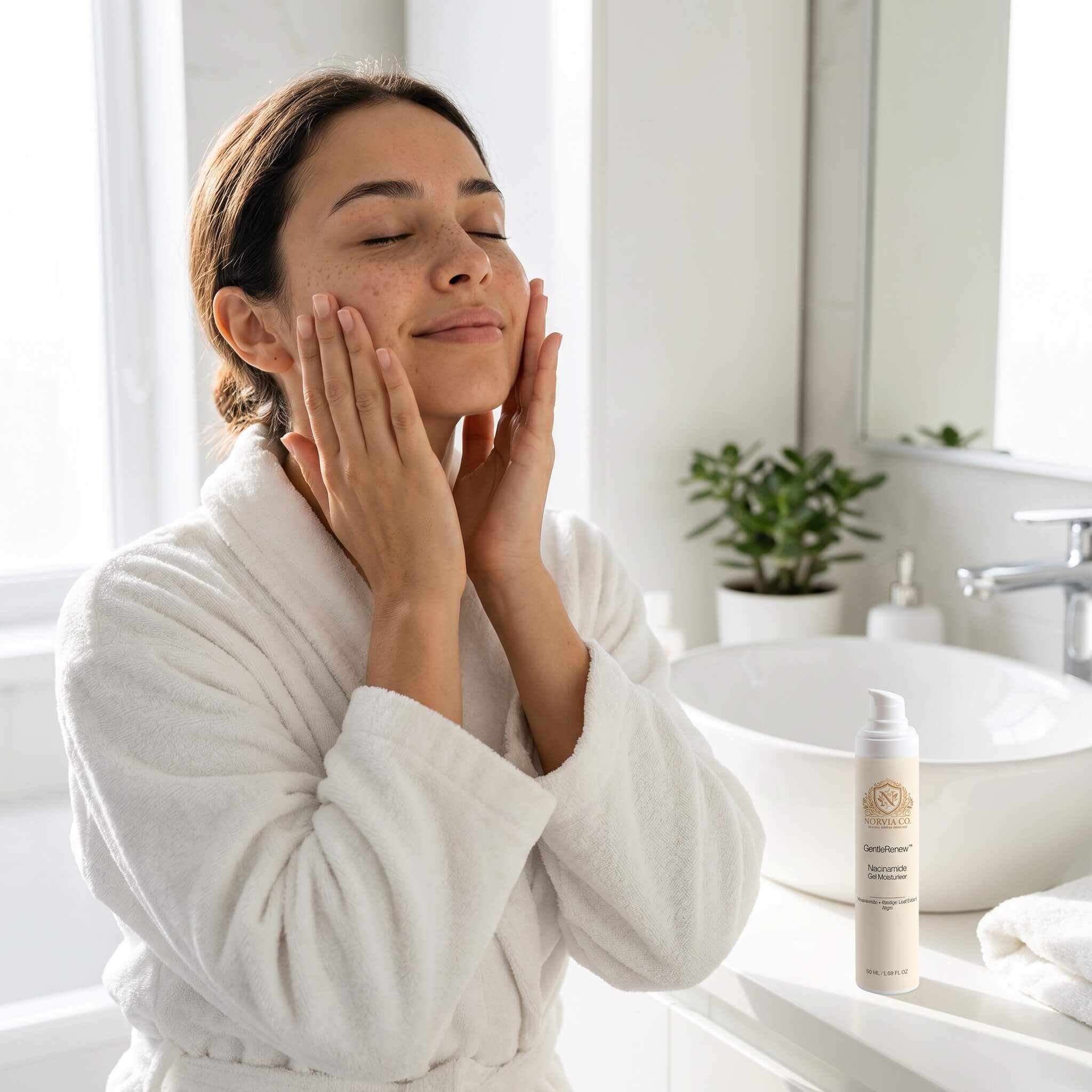 GentleRenew Niacinamide Gel Moisturizer tube with 5% vitamin B3, lightweight hydration for smooth, even skin tone