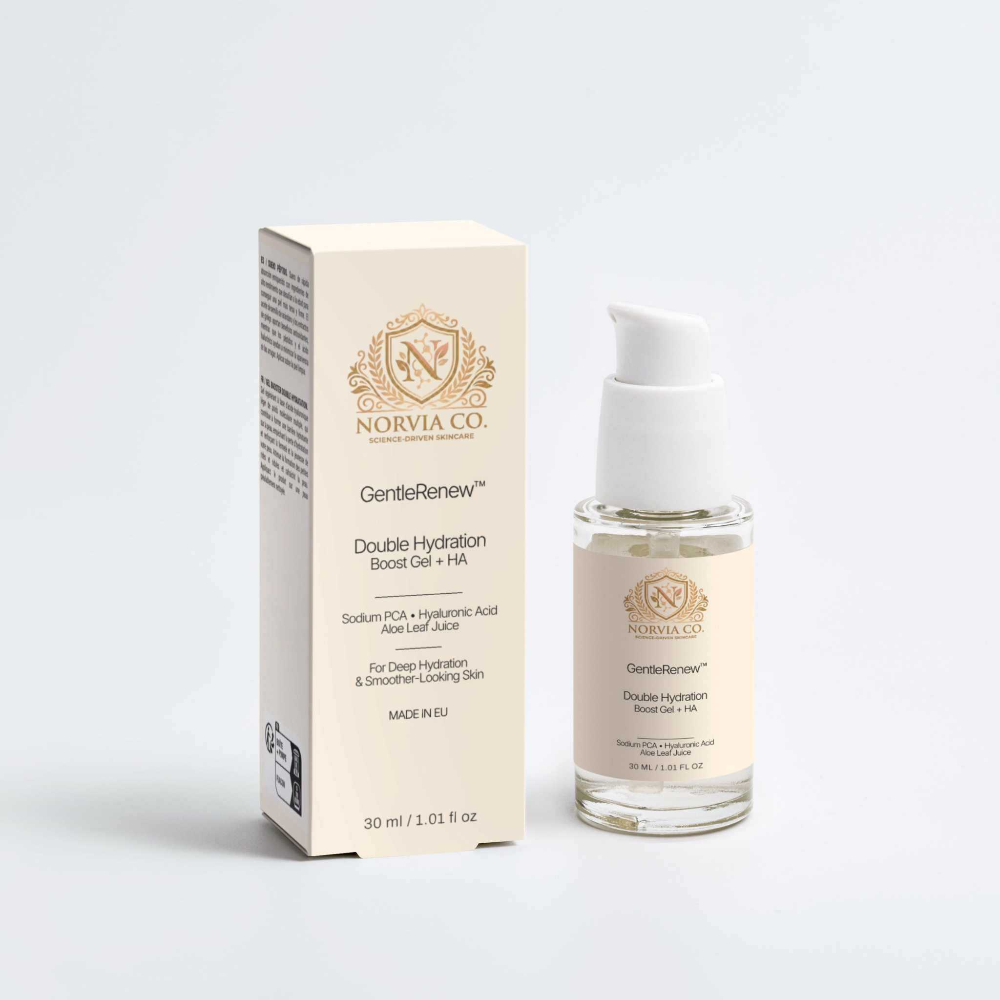 Double Hydration Gel with Hyaluronic Acid for deep skin hydration and plumping