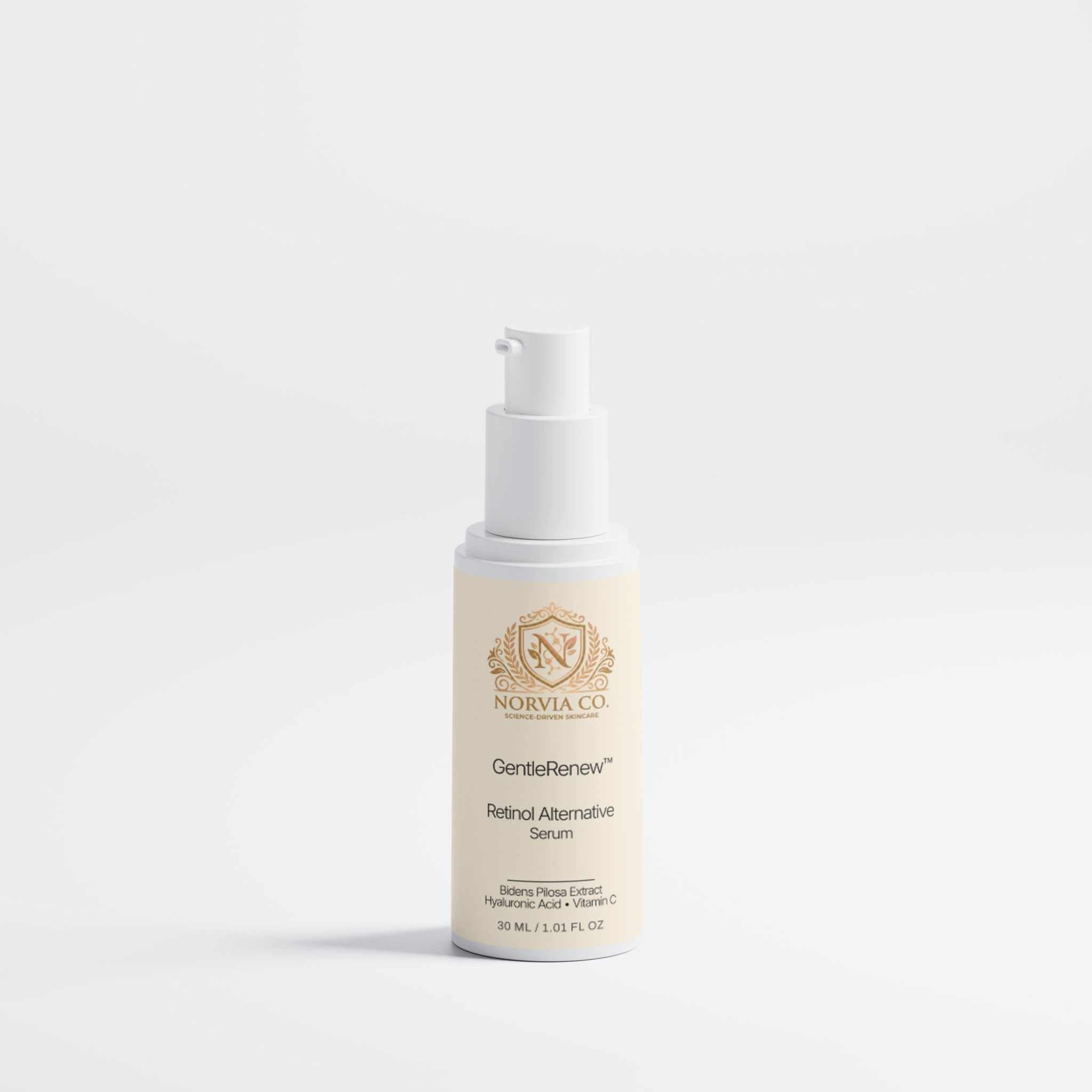 Bottle of GentleRenew Retinol Alternative Serum for daily skincare, featuring natural ingredients and hydration benefits