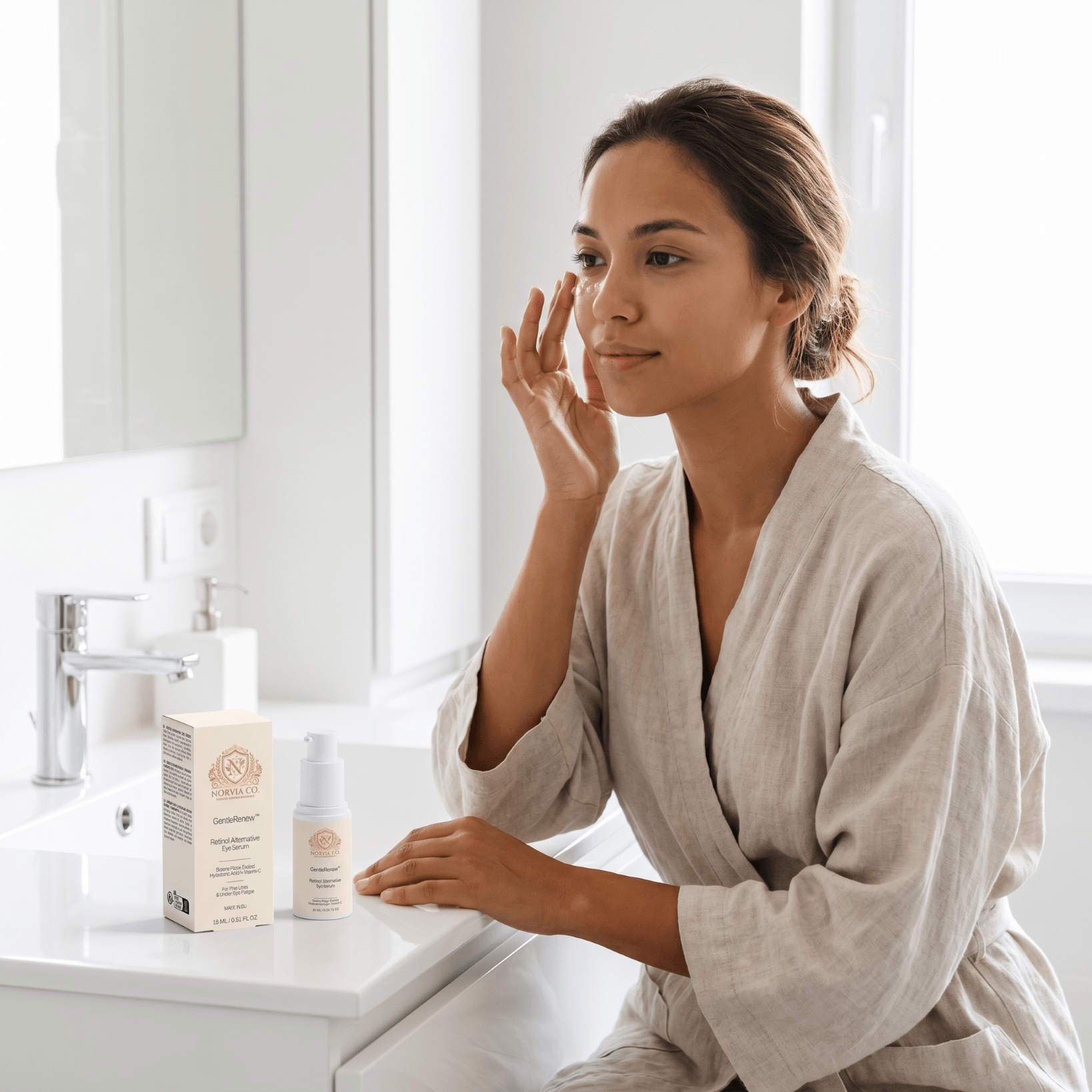 GentleRenew Retinol Alternative Eye Serum bottle with natural plant-based ingredients for sensitive skin hydration and anti-aging care