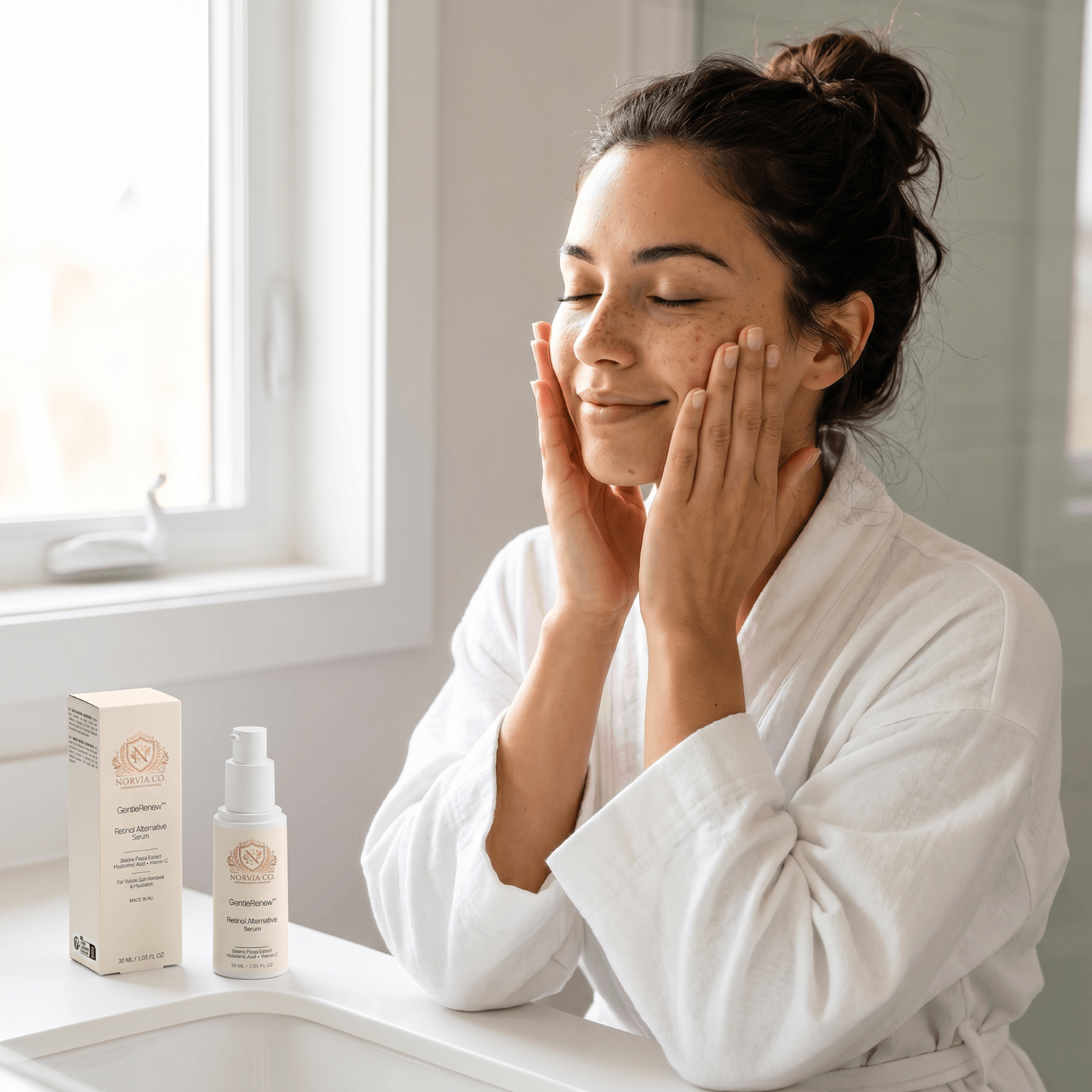 Bottle of GentleRenew™ Retinol Alternative Serum by Norvia Co with light blue label and dropper cap