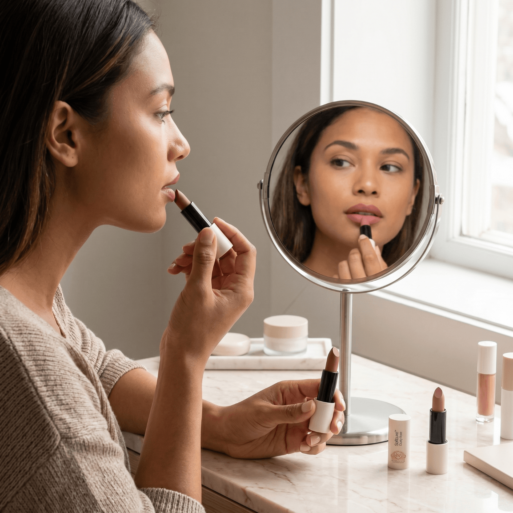 SoftLuxe matte lipstick with velvety satin finish in terracotta nude and dusty rose shades