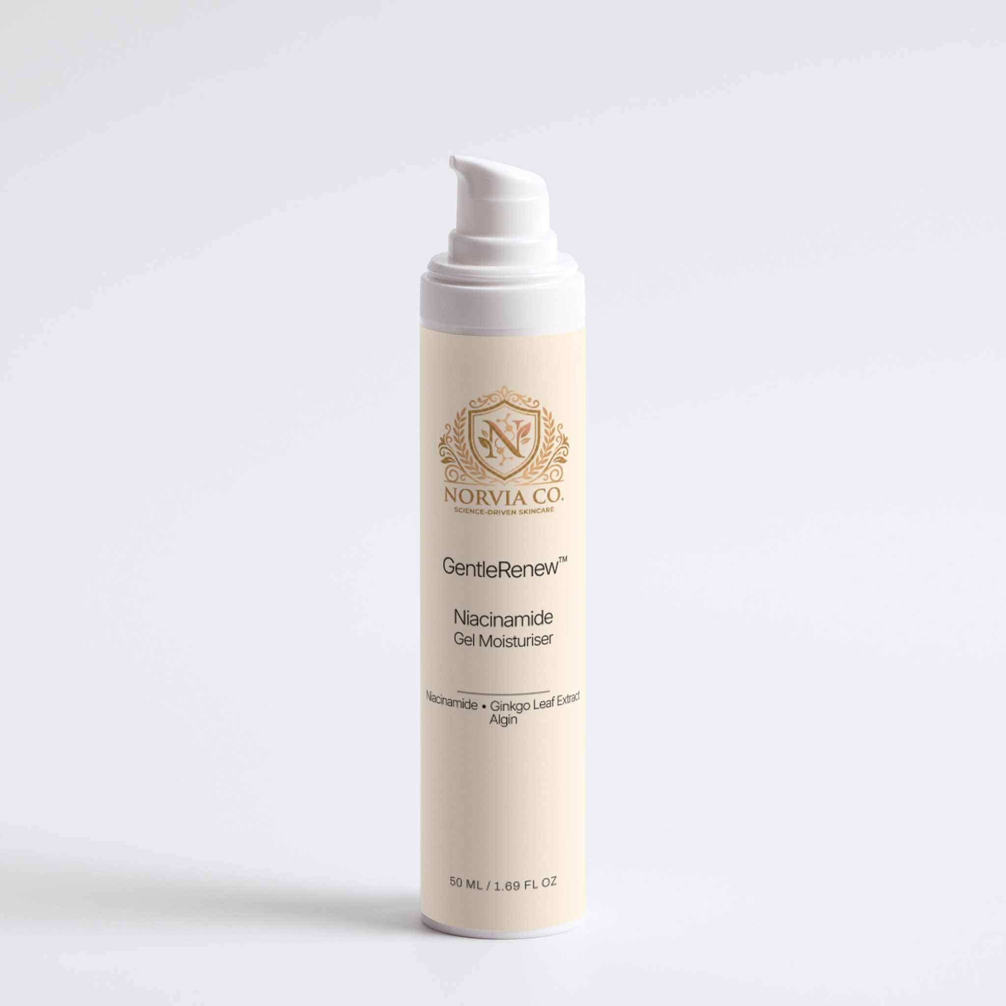GentleRenew niacinamide gel moisturizer tube with text highlighting lightweight hydration and smooth skin benefits