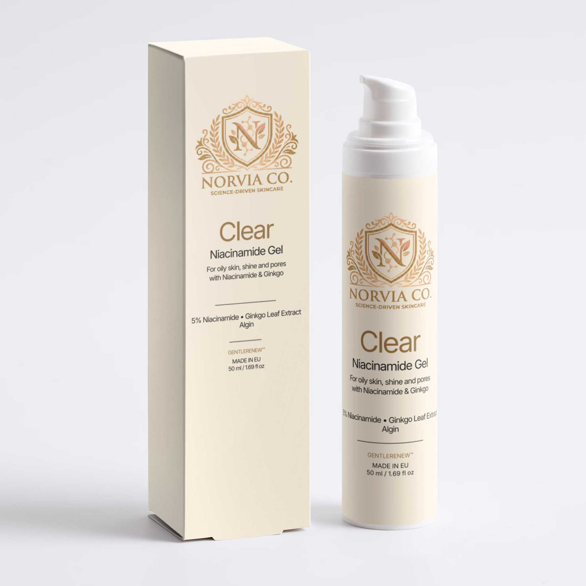 NORVIA CO Clear Niacinamide Gel shown with its cream-colored product box and matching pump bottle on a light gray background.