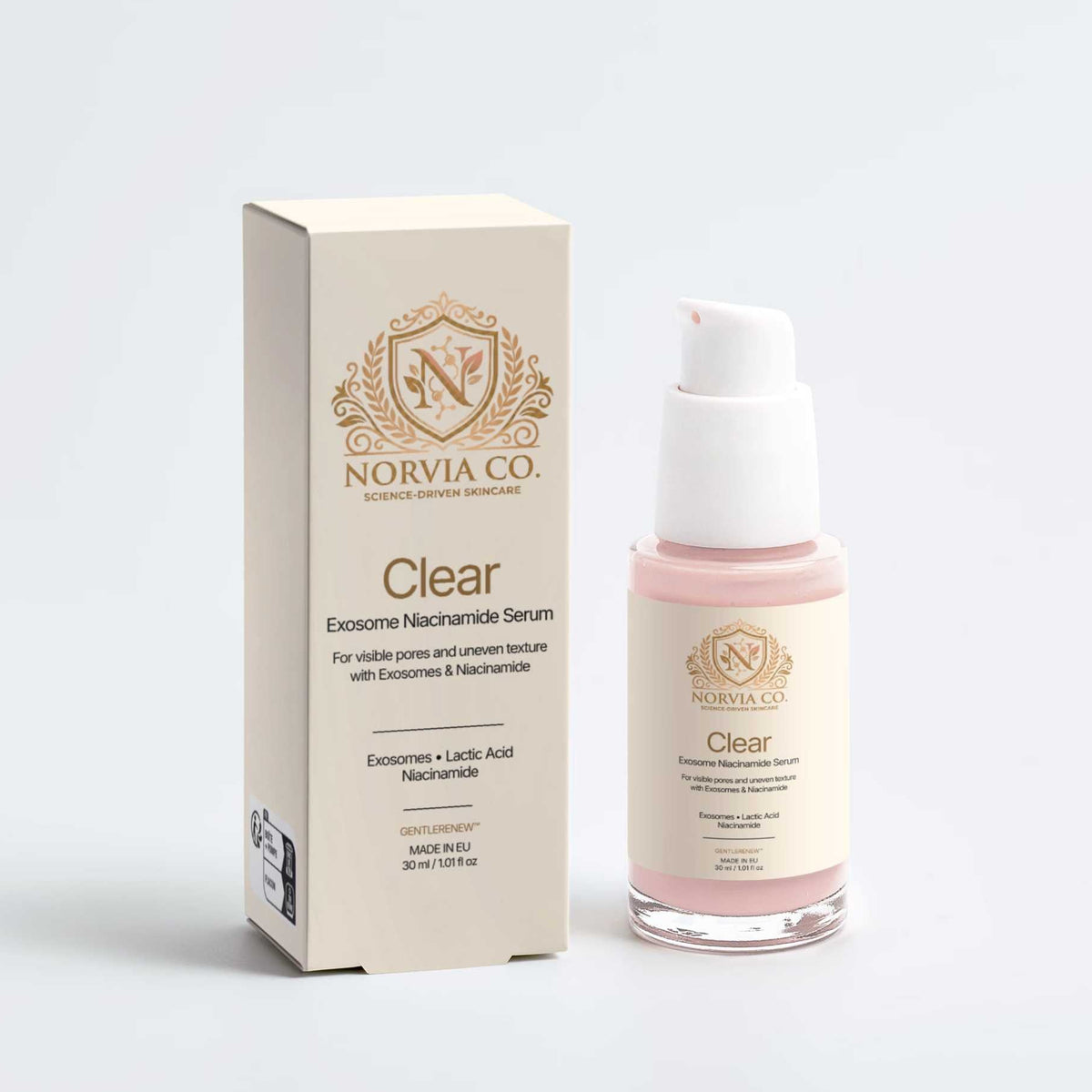 A bottle of Norvia Co Clear Excessive Niacinamide Serum next to its cream-colored packaging box, set against a clean light gray background.