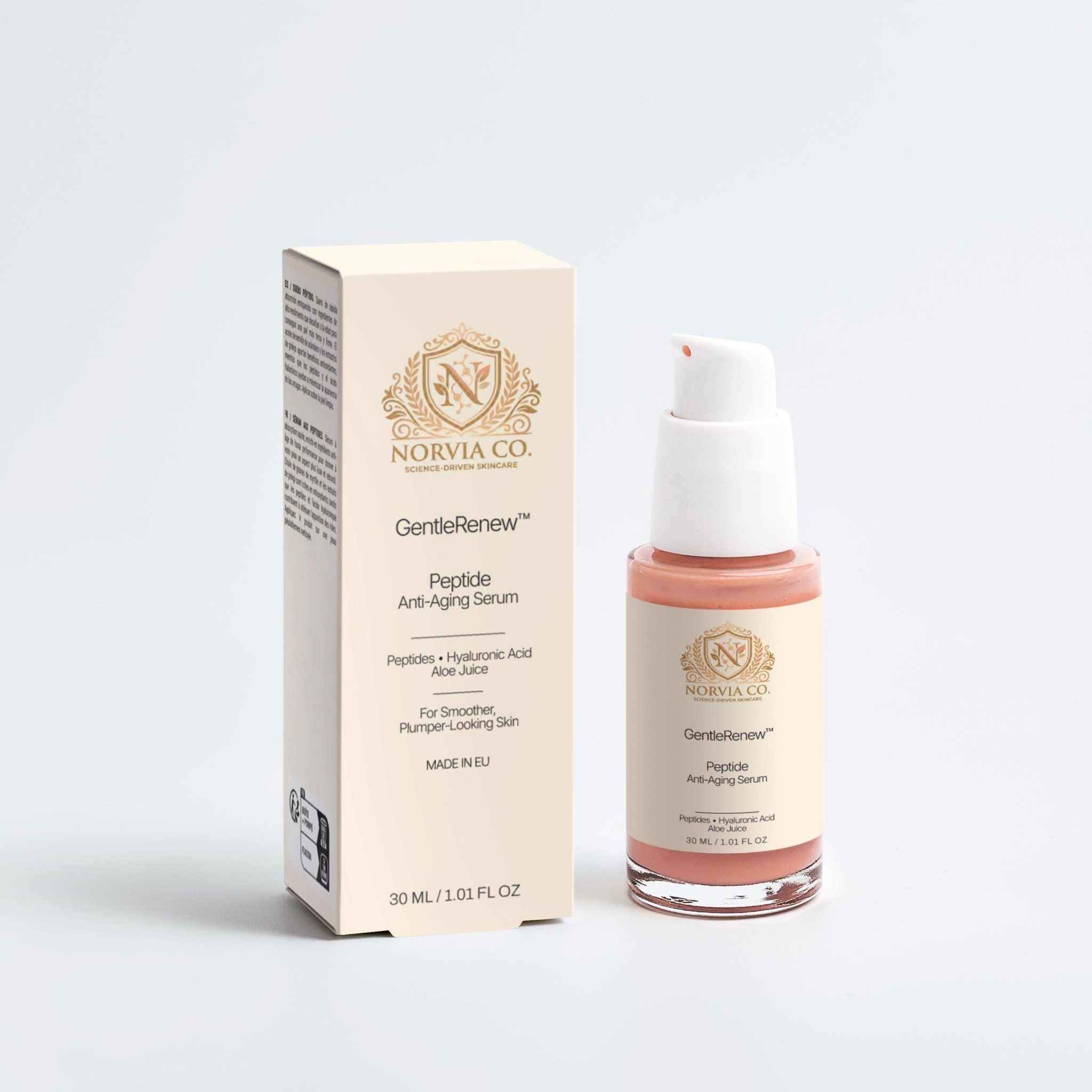 GentleRenew™ Peptide Anti-Aging Serum bottle with 2% Hexapeptide-11 and Ginkgo Biloba for firmer skin and fine line reduction