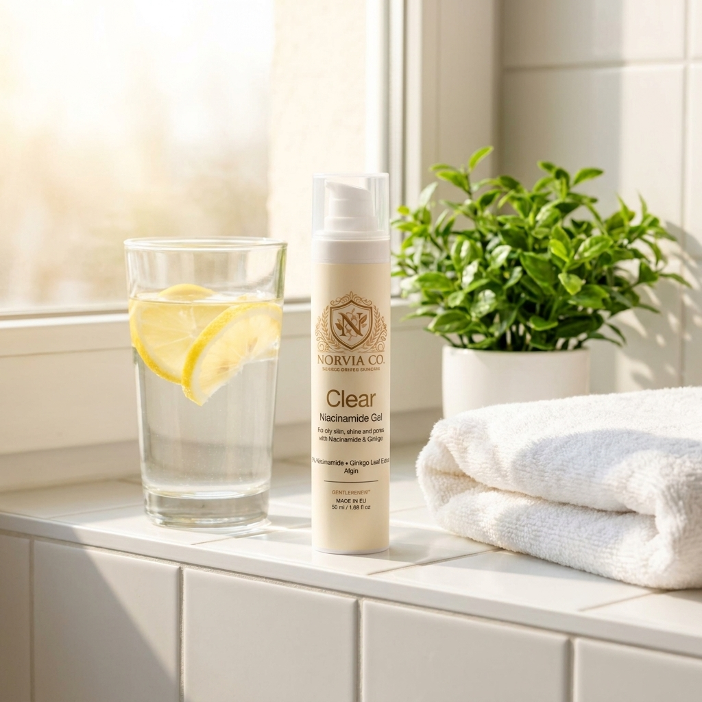 Norvia Co. Clear Niacinamide Gel on a sunny bathroom shelf