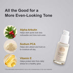 Alpha-Arbutin Serum in a clear glass pump bottle with a white dispenser, shown beside ingredient illustrations and benefits