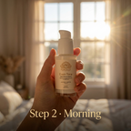 Alpha-Arbutin Serum in a clear pump bottle with a cream label and white dispenser, held in one hand