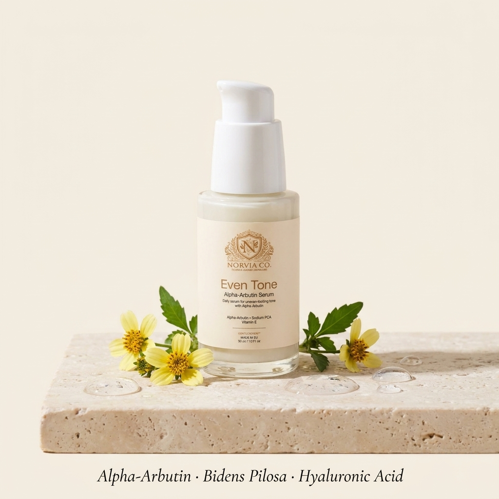 Alpha-Arbutin Serum in a clear pump bottle with a white dispenser, beige label, and botanical accents