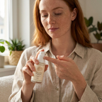 Alpha-Arbutin Serum in a small cream-colored bottle with a white pump, held by a woman with freckles