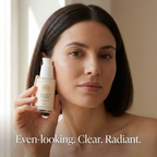 Alpha-Arbutin Serum in a cream-colored pump bottle with a woman holding it, labeled Even Tone for an even-looking complexion