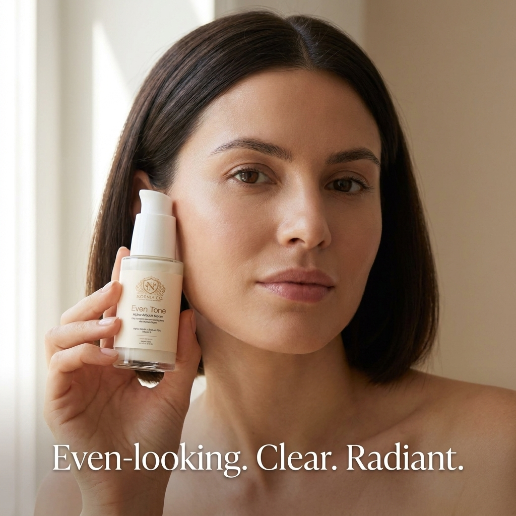 Alpha-Arbutin Serum in a cream-colored pump bottle with a woman holding it, labeled Even Tone for an even-looking complexion