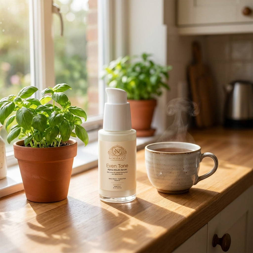 Alpha-Arbutin Serum in a white pump bottle with a clear base and a cream Even Tone label
