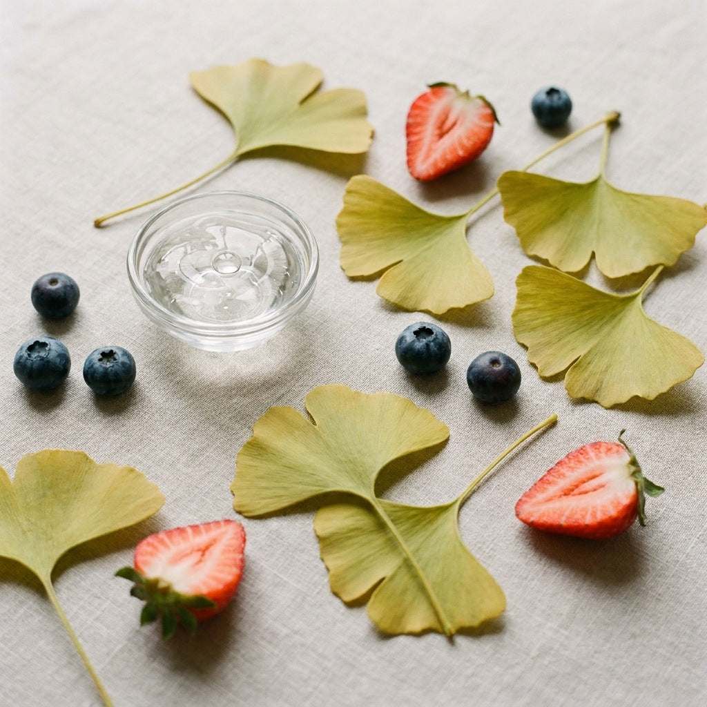 Botanical still life with ginkgo leaves, blueberries, strawberries and clear gel