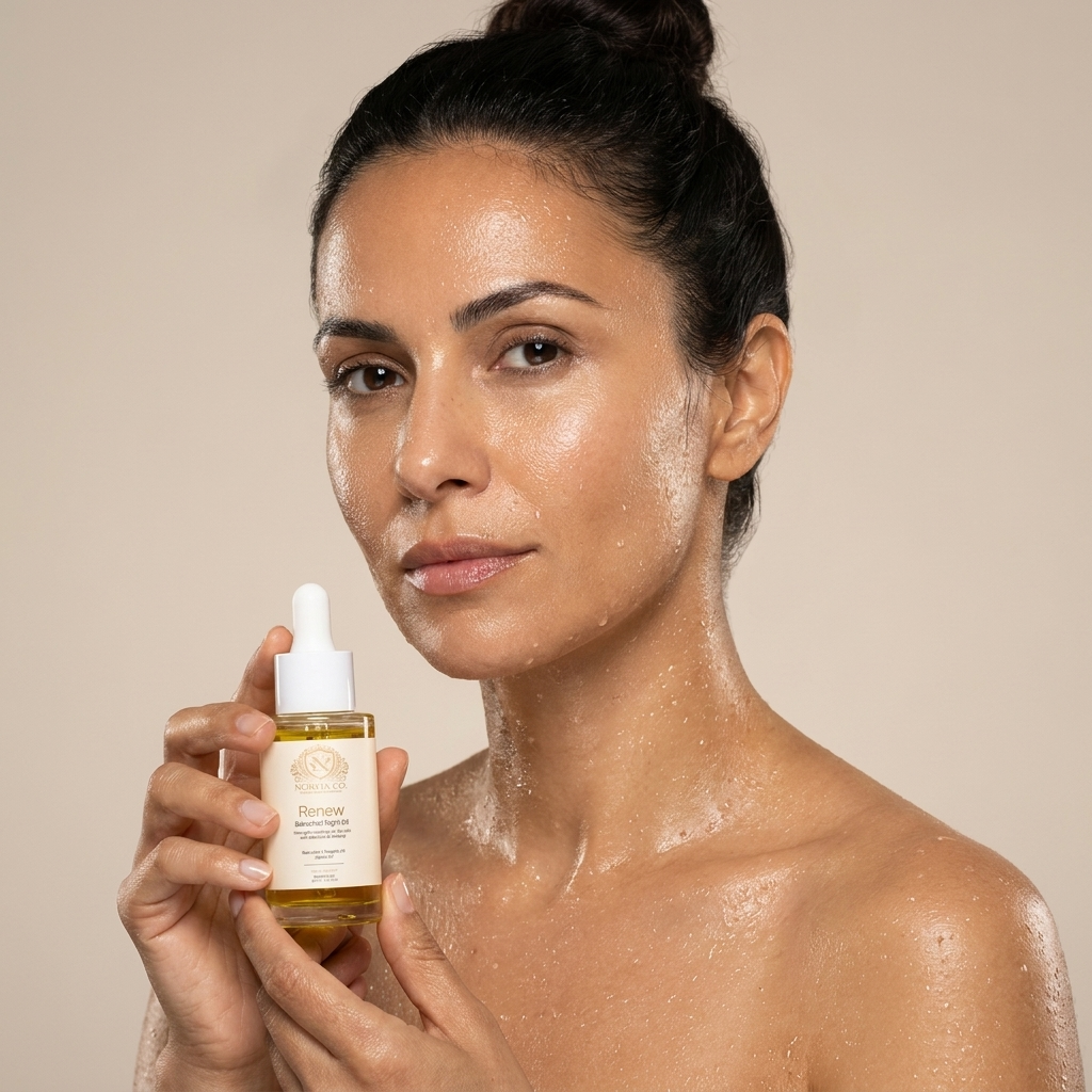 Bakuchiol Oil in a small amber glass dropper bottle with a white pipette and cream Renew label, held in hand
