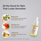 Bakuchiol Oil in a clear glass dropper bottle with a white pipette, shown alongside illustrated bakuchiol, rosehip and jojoba oils.