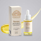 Bakuchiol Oil in a clear dropper bottle with a white cap and gold-toned oil, beside its cream and gold box