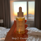 Bakuchiol Oil in a clear glass dropper bottle with golden facial oil and a beige Renew label