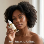 Bakuchiol Oil in a clear glass dropper bottle with a white pipette and gold-toned oil, held beside a woman's face
