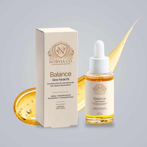 Norvia Co. Balance Glow Facial Oil, a facial oil for dry skin, dropper bottle and box in front of a golden oil swoosh