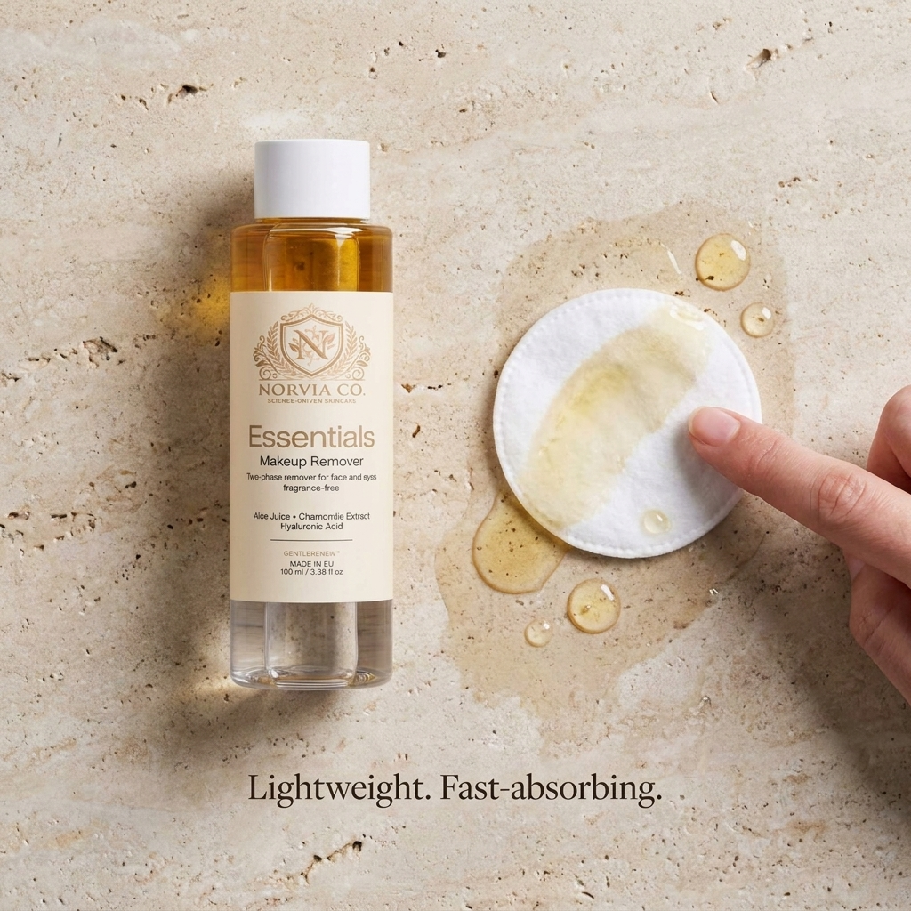 Norvia Co. Essentials Makeup Remover with cotton pad and oil texture