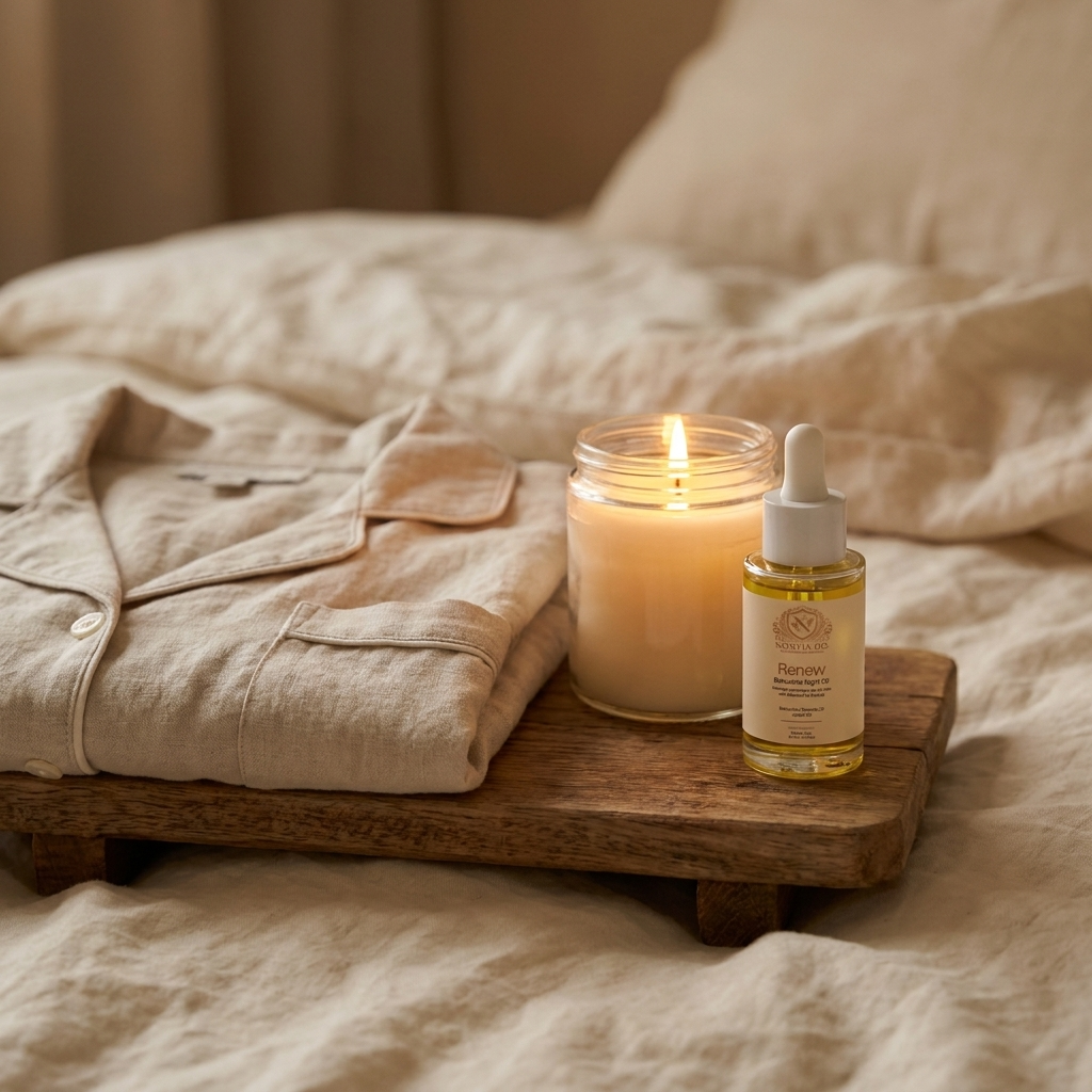 Norvia Co. Renew Bakuchiol Night Oil on a wooden tray with a candle