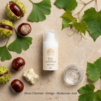 Brightening Eye Cream in a white pump bottle with a beige botanical label, shown with horse chestnuts and ginkgo leaves