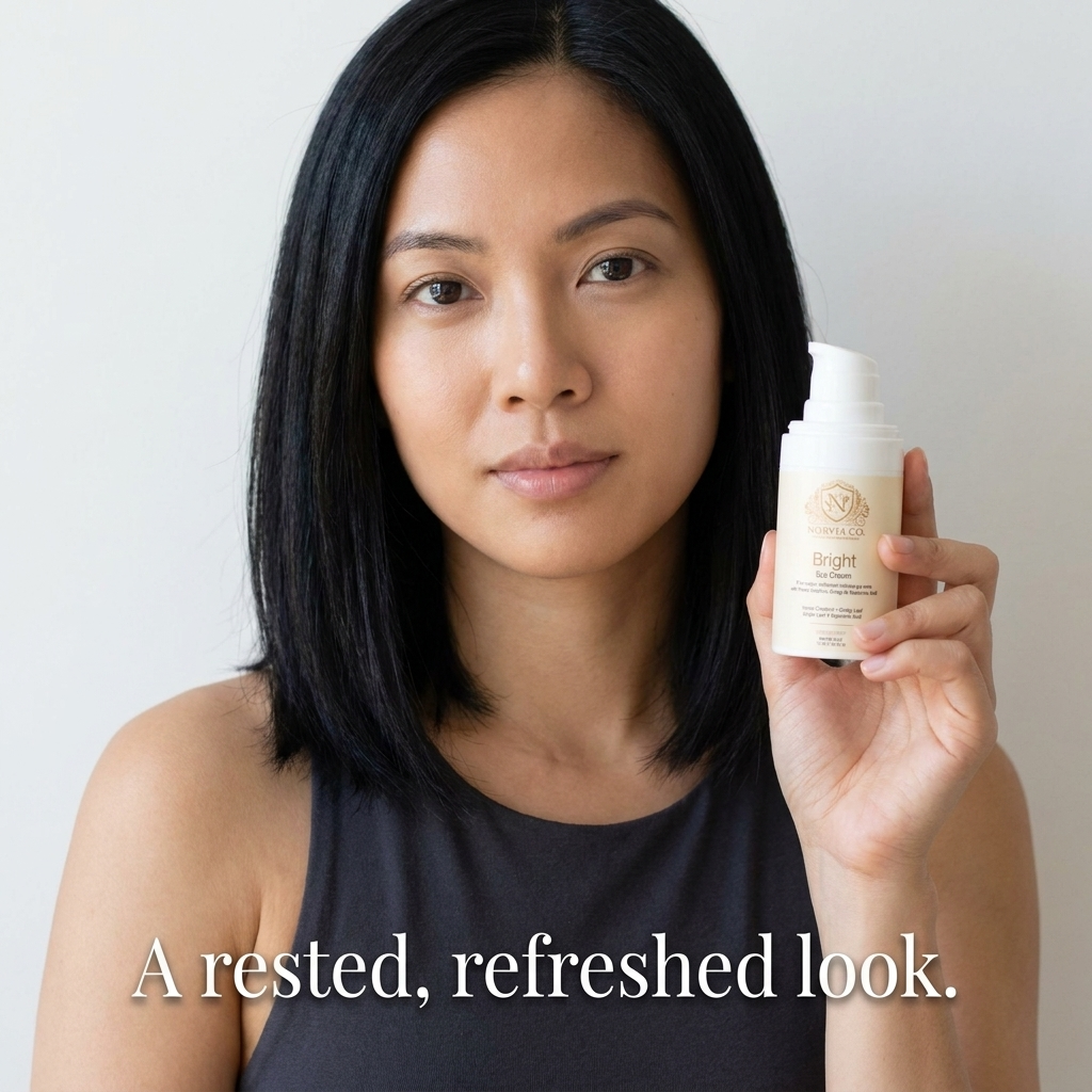 Brightening Eye Cream in a white pump bottle with a cream label, held beside a woman's face