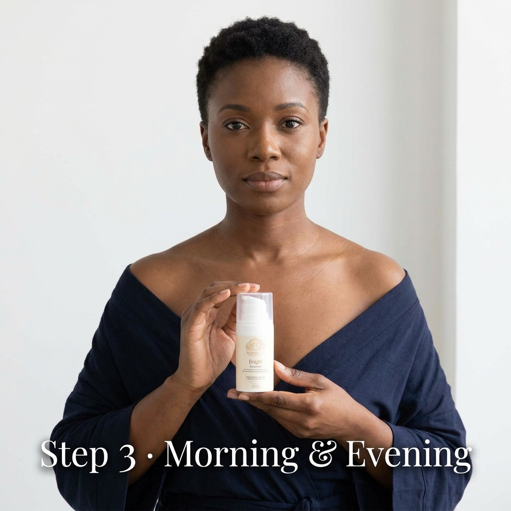 Brightening Eye Cream in a white pump bottle with a pale label, held in both hands by a woman