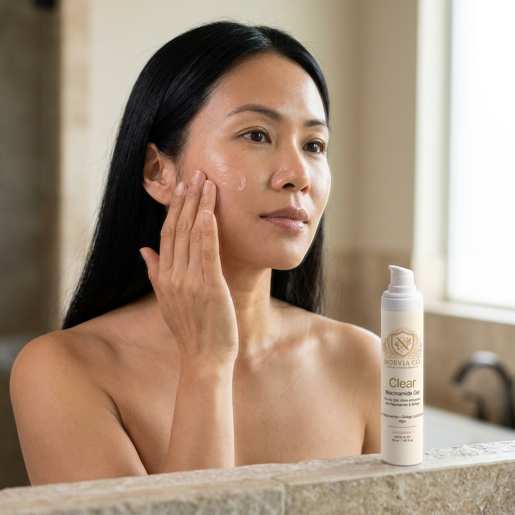 Woman smoothing Clear Niacinamide Gel over her cheek