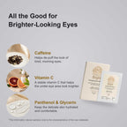 Caffeine Eye Patches in cream and white packaging, shown beside ingredient details for caffeine, vitamin C, panthenol and glycerin