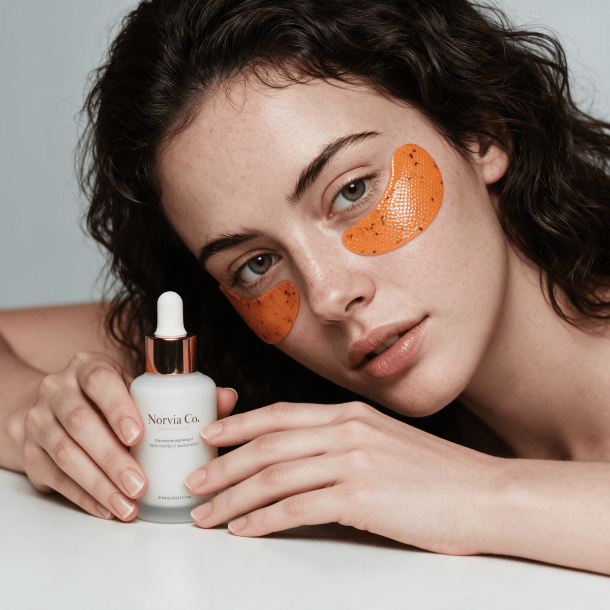 Caffeine Eye Patches in bright orange hydrogel with a dotted texture, worn beneath both eyes beside a skincare serum bottle.