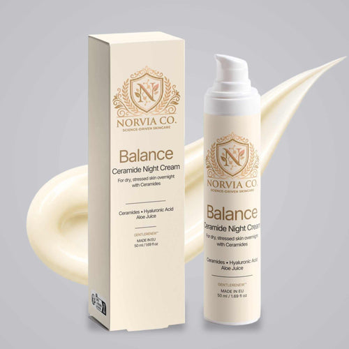 Ceramide Face Cream in a cream-colored pump bottle and matching box, with gold botanical branding and a white cream swirl