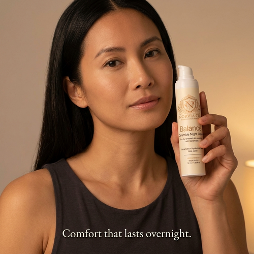 Ceramide Face Cream in a white pump bottle with a cream and gold label, held beside a woman's face