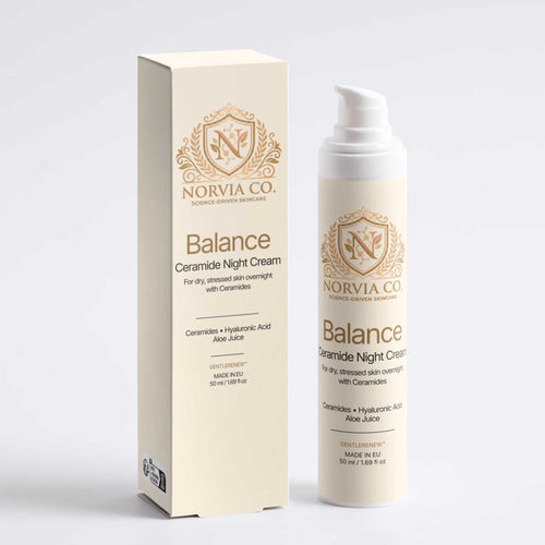 A cream-colored cosmetic pump bottle and its matching rectangular box for Norvia Co. Balance Ceramide Night Cream, displayed on a clean light gray background.
