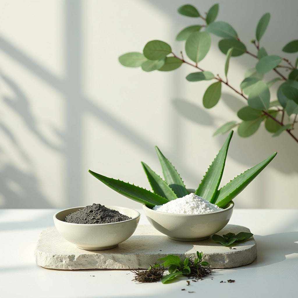 Clay Mask for Pores shown as dark gray and white clay powders in ceramic bowls beside fresh aloe leaves
