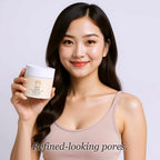 Clay mask for pores: cream-colored cosmetic jar with a white lid and Clear Clay Mask label held in one hand
