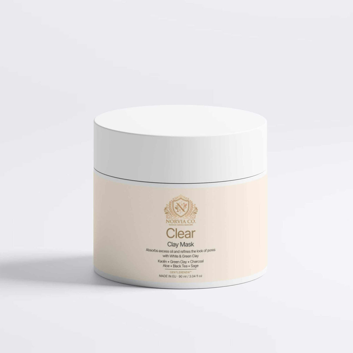 Clay Mask for Pores in a cream-colored cylindrical jar with a white lid and gold Clear Clay Mask label